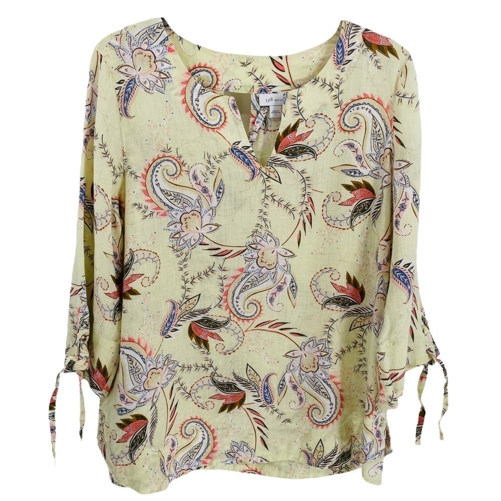 J. Jill Love Linen Pastel Yellow Floral/Paisley 100% Linen Tunic Top - Sz S
